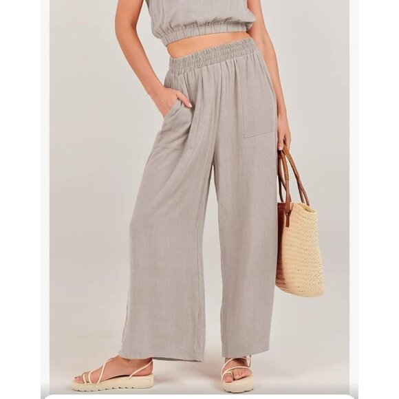 Anrabess Womens 2 Pc Crop Top & Wide Leg Pants Linen Jumpsuit Set Size M Casual - Picture 12 of 13